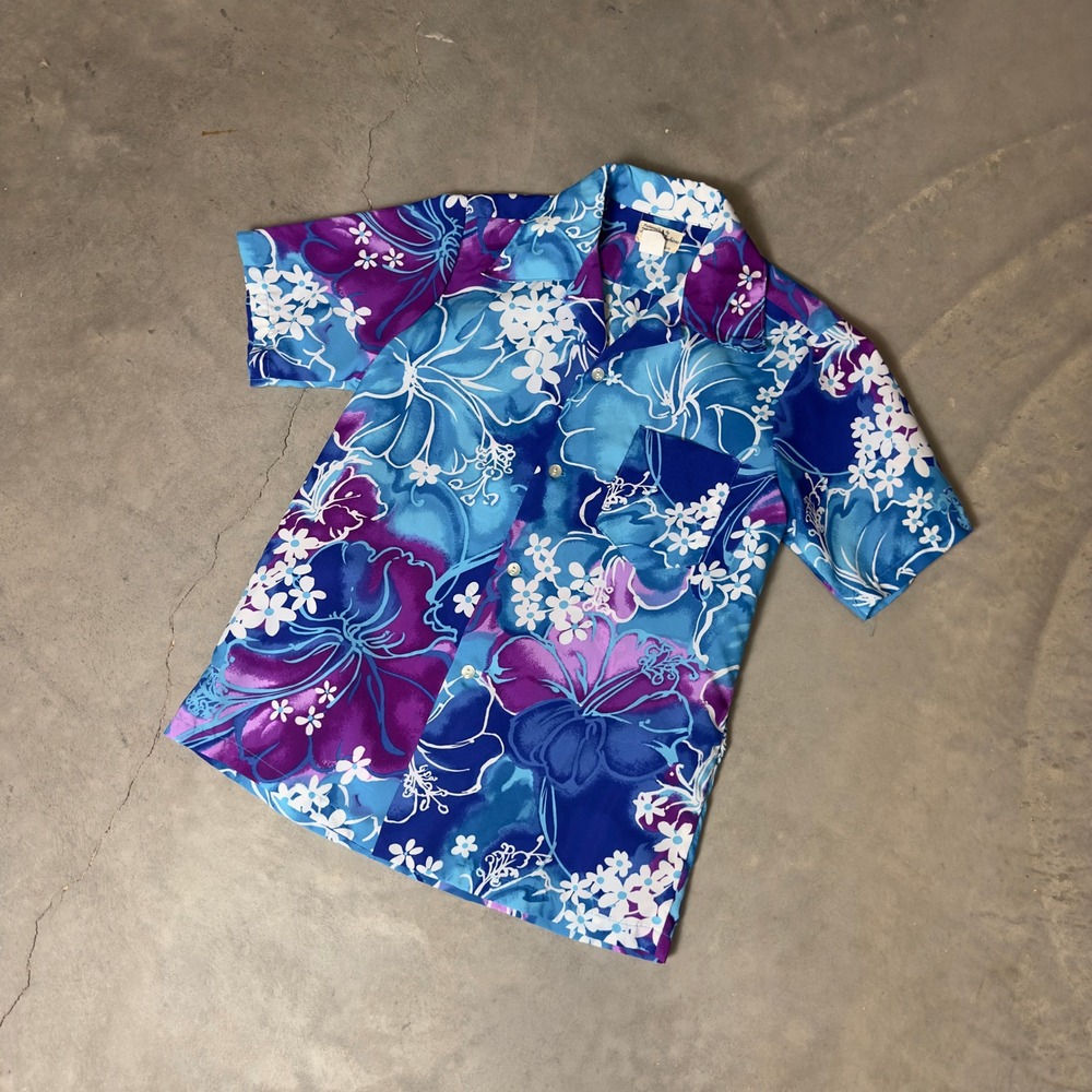 Vintage Hukilau Fashions Hawaiian Shirt Mens S Blue Purple Floral Aloha Tropical